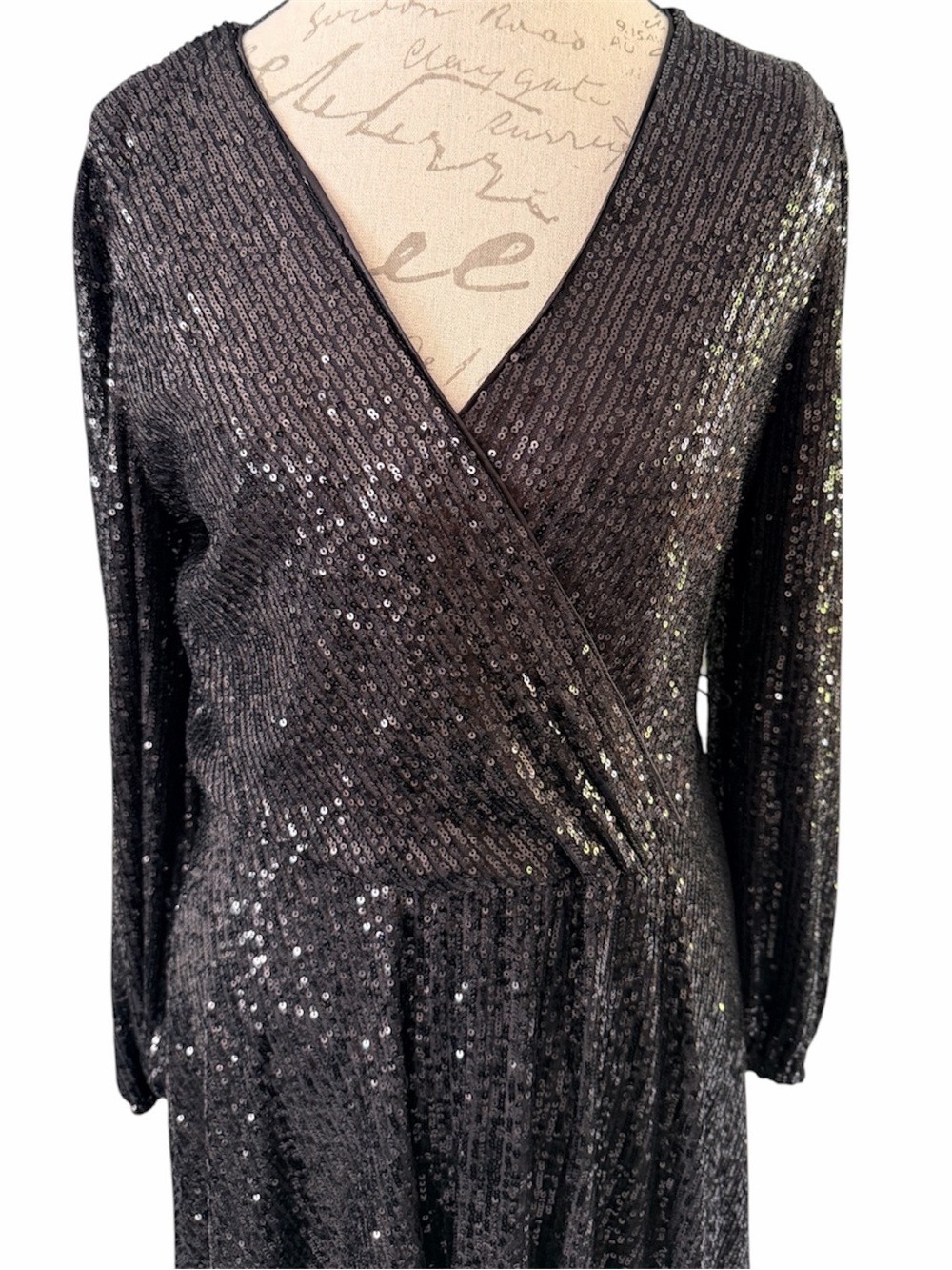 nanette nanette lepore black sequin long sleeve wrap dress v-neck sparkling